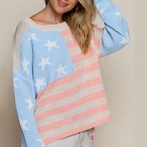 Lisa Robertson | Red/Tan/Blue Pastel American Flag Oversized Sweater Sz Large